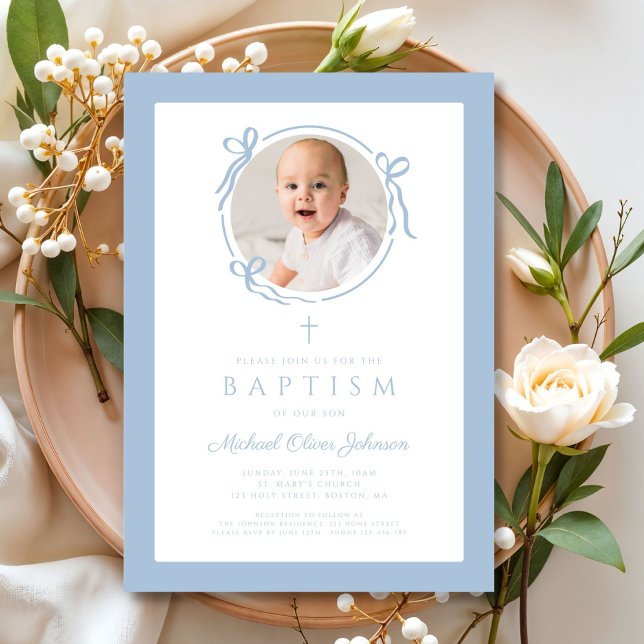 Convites Elegant Baby Blue Bow Boy Photo Baptism (Elegant Baby Blue Bow Boy Photo Baptism Invitation)