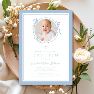 Convites Elegant Baby Blue Bow Boy Photo Baptism