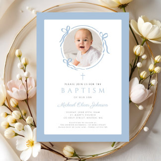 Convites Elegant Baby Blue Bow Photo Baptism