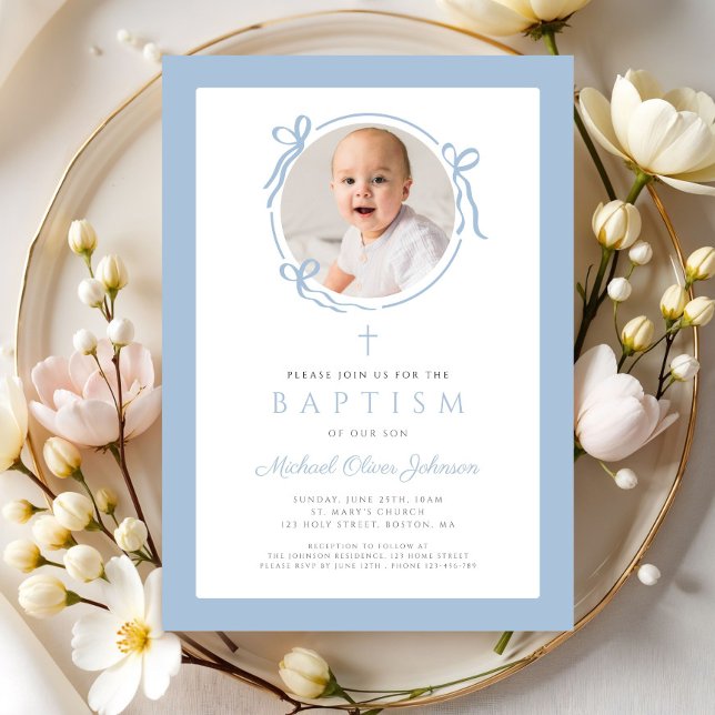 Convites Elegant Baby Blue Bow Photo Baptism (Elegant Baby Blue Bow Photo Baptism Invitation)
