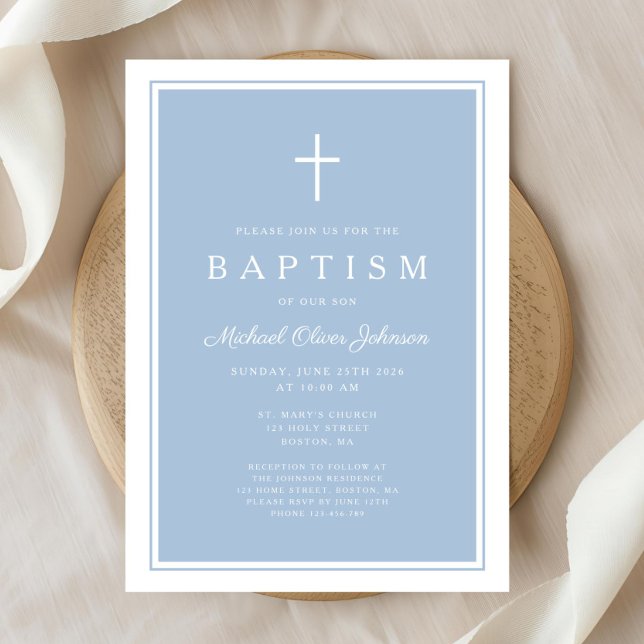 Convites Elegant Baby Blue Cross Boy Baptism (Elegant Baby Blue Cross Boy Baptism Invitation)