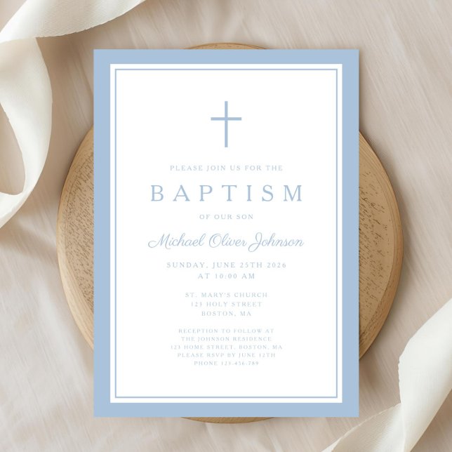 Convites Elegant Baby Blue Cross Boy Baptism (Elegant Baby Blue Cross Boy Baptism Invitation)
