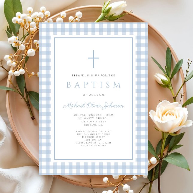 Convites Elegant Baby Blue Gingham Boy Baptism (Elegant Baby Blue Gingham Boy Baptism Invitation)