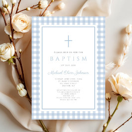 Convites Elegant Baby Blue Gingham Boy Baptism