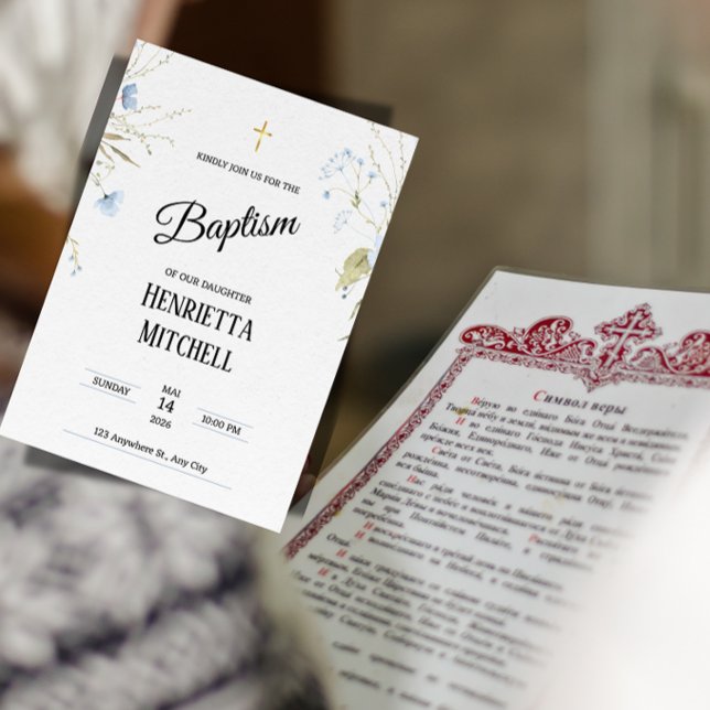 Convites Elegant Baby Girl Baptism Invitation ("A elegant bilingual baptism invitation for a daughter, featuring the Orthodox Symbol of Faith.")
