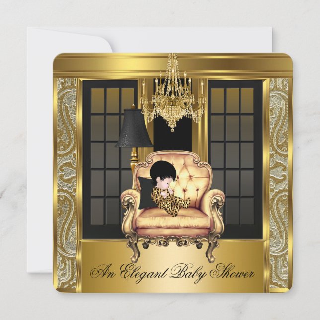 Convites Elegant Baby Shower Damask Lustre Dourado Cadeira  (Frente)