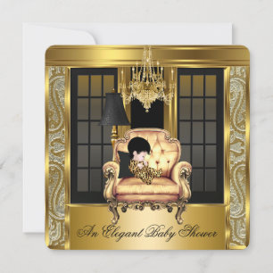 Convites Elegant Baby Shower Damask Lustre Dourado Cadeira 