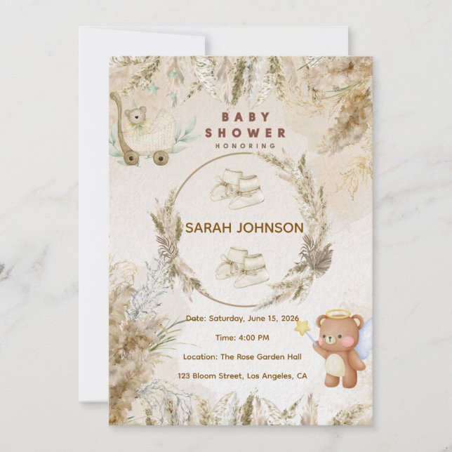 Convites Elegant Baby Shower Invitation | Pink Floral (Frente)
