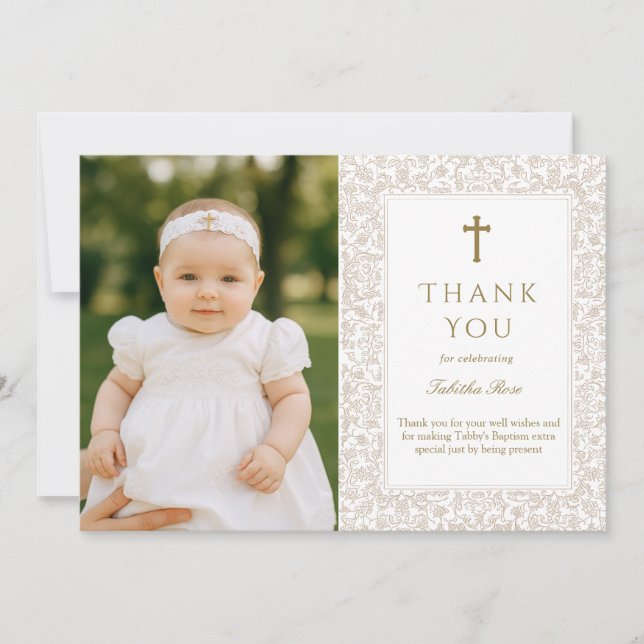 Convites Elegant Baptism  | Gold Cross Photo Thank You (Frente)