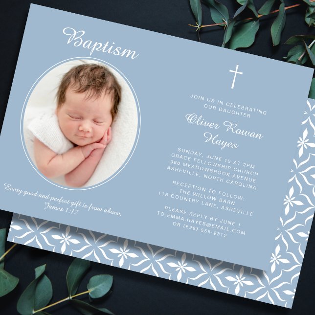 Convites Elegant Baptism Religious Cross Photo Dusty Blue (Fully editable — personalize every detail.)