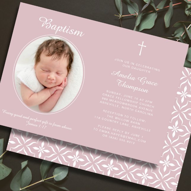 Convites Elegant Baptism Religious Cross Photo Dusty Pink (Fully editable — personalize every detail.)