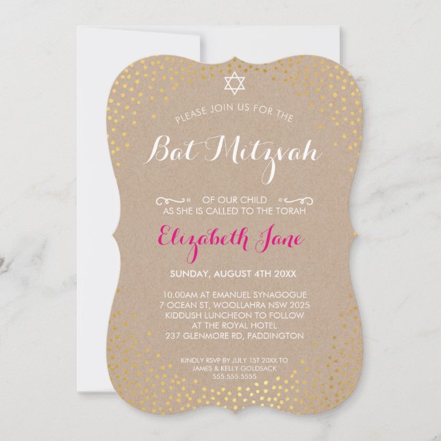 Convites ELEGANT BAT MITZVAH - kraft confetti de ouro russo (Frente)