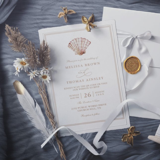 Convites Elegant Beach Simple Minimalist QR Code Wedding (Criador carregado)