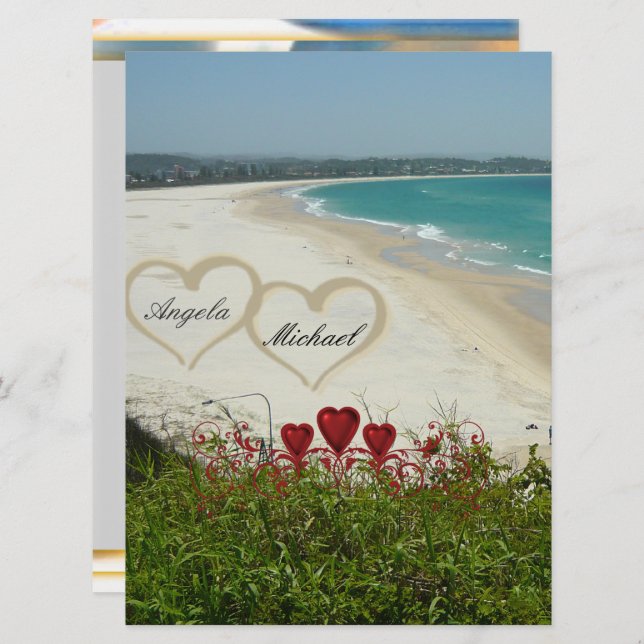 Convites Elegant Beach Wedding Invitation Red Hearts (Frente/Verso)