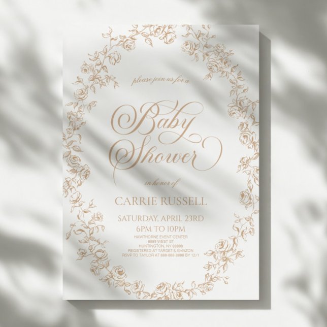 Convites Elegant Beige Floral Roses Line Art Baby Shower (Criador carregado)