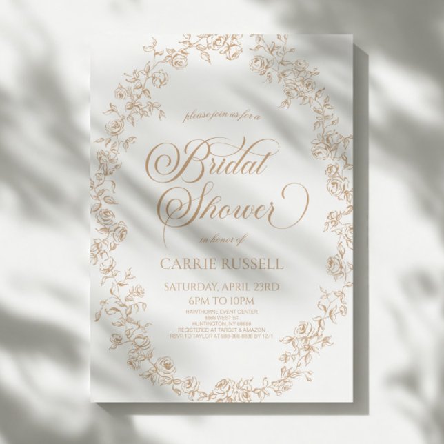Convites Elegant Beige Floral Roses Line Art Bridal Shower (Criador carregado)