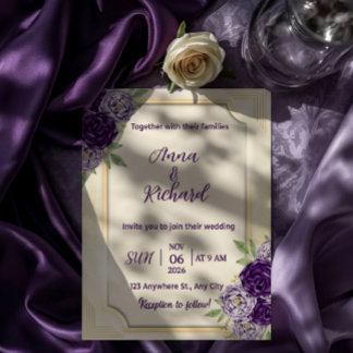 Convites Elegant Beige & Purple Floral Wedding Invitation