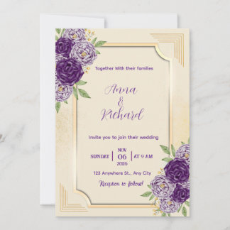 Convites Elegant Beige & Purple Floral Wedding Invitation