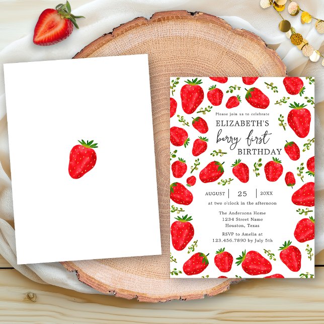 Convites Elegant Berry Primeiro Morango Vermelho Aniversári (Criador carregado)
