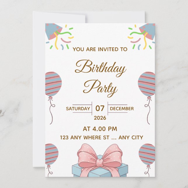 Convites Elegant Birthday Party Invitation with Balloons (Frente)