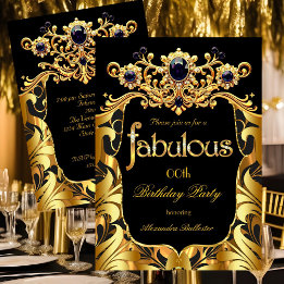 Convites Elegant Birthday Party Silk Gold Black Damask Gems