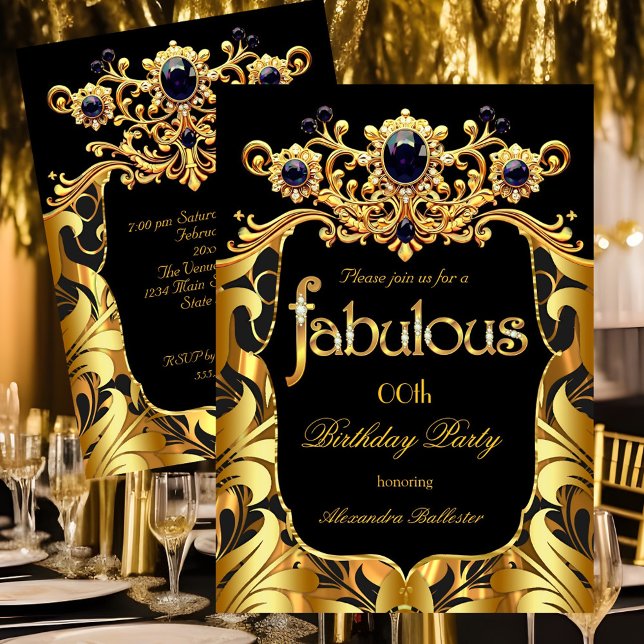 Convites Elegant Birthday Party Silk Gold Black Damask Gems (Criador carregado)
