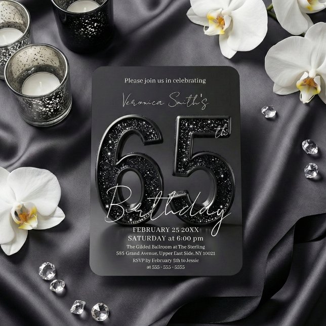 Convites Elegant Black 3D Glitter Sparkle 65th Birthday (Criador carregado)