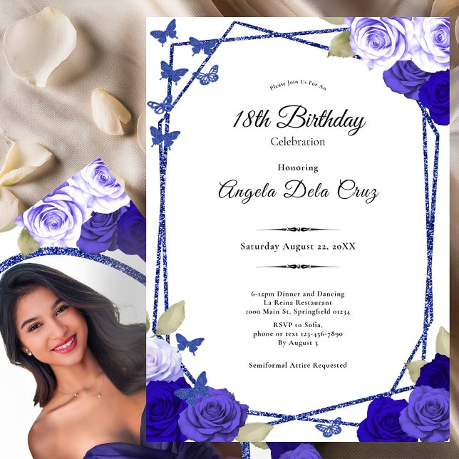 Convites Elegant Black and Blue Roses 18th Birthday Debut  (Criador carregado)