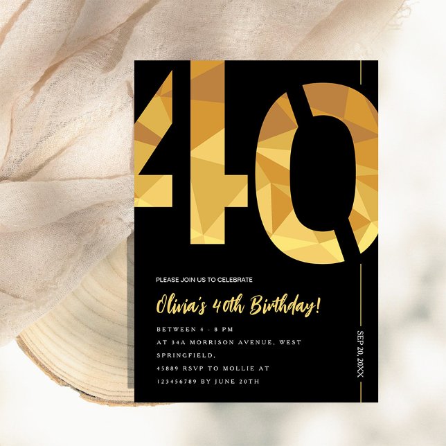 Convites Elegant black and gold 40th Birthday Party (Criador carregado)