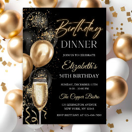 Convites Elegant Black and Gold Balloons Birthday Dinner