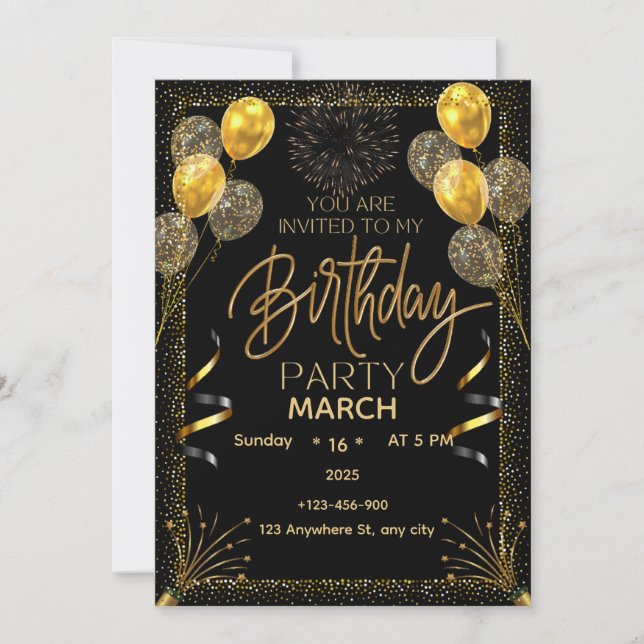 Convites Elegant Black and Gold Birthday Invitation  (Frente)
