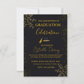Convites Elegant Black and Gold Floral Graduation Party