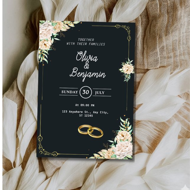 Convites Elegant Black and Gold Floral Wedding Invitation (Criador carregado)