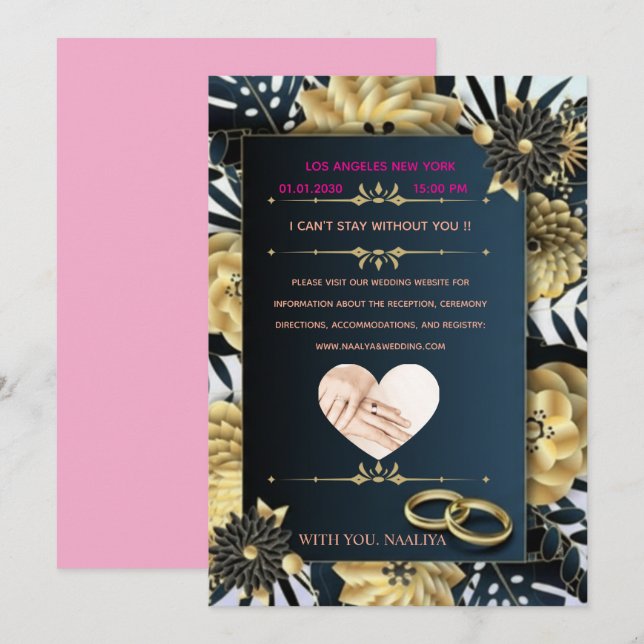Convites Elegant Black and Gold Floral Wedding Invitation (Frente/Verso)
