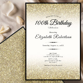 Convites Elegant Black and Gold Glitter 100th Birthday 