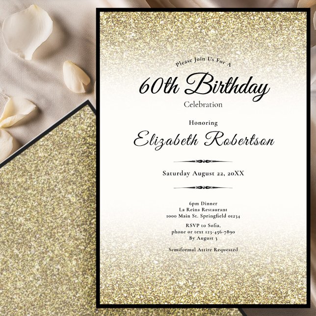 Convites Elegant Black and Gold Glitter 60th Birthday  (Criador carregado)