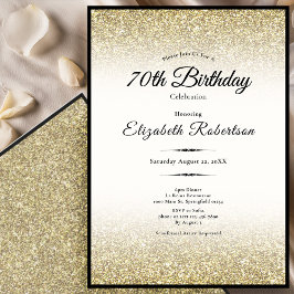 Convites Elegant Black and Gold Glitter 70th Birthday 