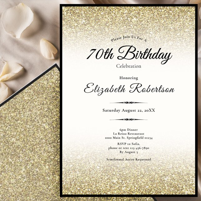 Convites Elegant Black and Gold Glitter 70th Birthday  (Criador carregado)