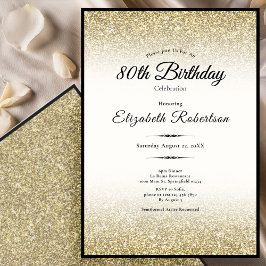 Convites Elegant Black and Gold Glitter 80th Birthday 