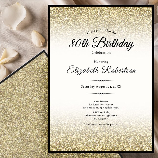 Convites Elegant Black and Gold Glitter 80th Birthday  (Criador carregado)