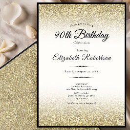 Convites Elegant Black and Gold Glitter 90th Birthday 