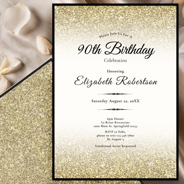 Convites Elegant Black and Gold Glitter 90th Birthday  (Criador carregado)