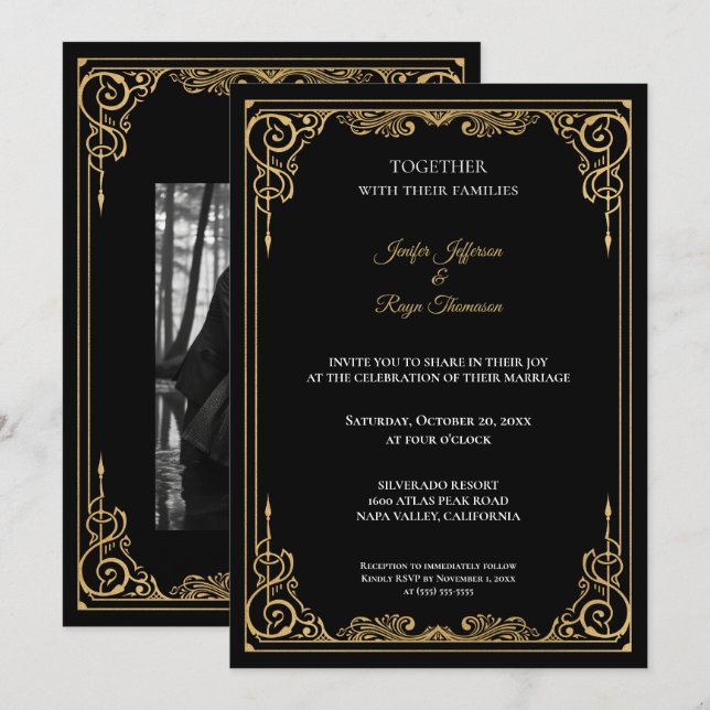 Convites Elegant black and gold Gothic wedding Invitation (Frente/Verso)