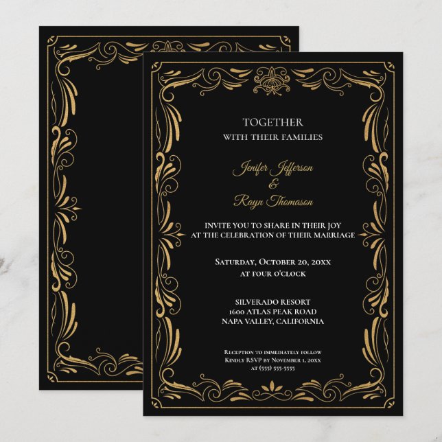 Convites Elegant black and gold Gothic wedding Invitation (Frente/Verso)