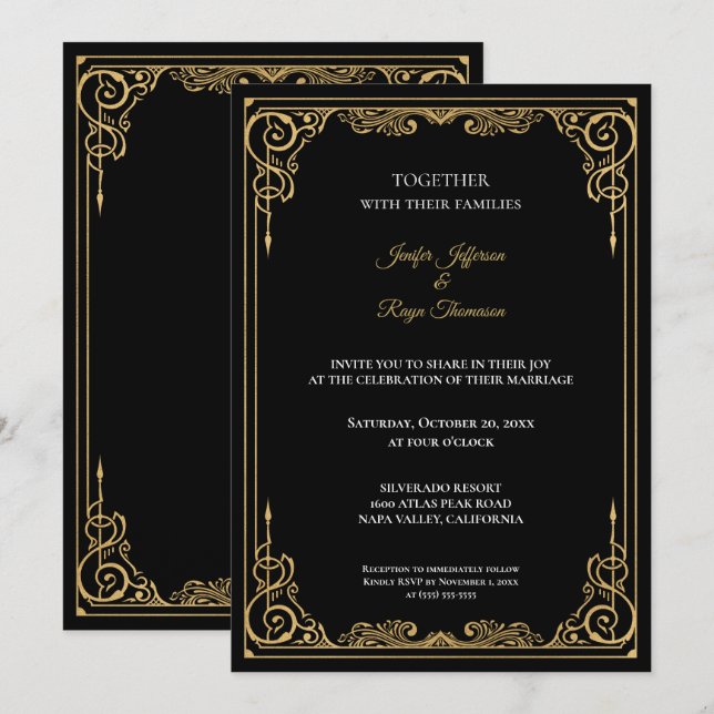 Convites Elegant black and gold Gothic wedding Invitation (Frente/Verso)
