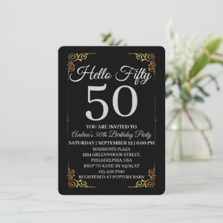 Convites Elegant Black and Gold Hello 50th For Women