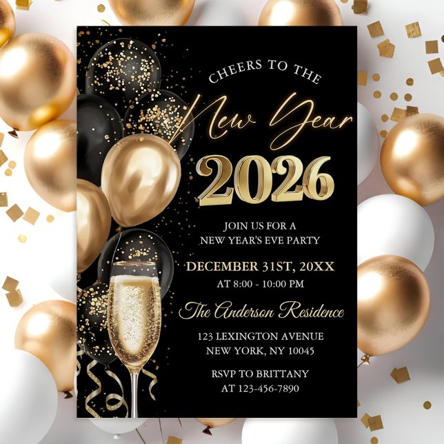 Convites Elegant Black and Gold New Year's Eve Party (Criador carregado)