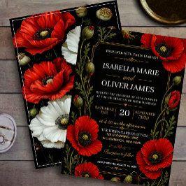 Convites Elegant Black and Gold Red Poppy Vintage Floral