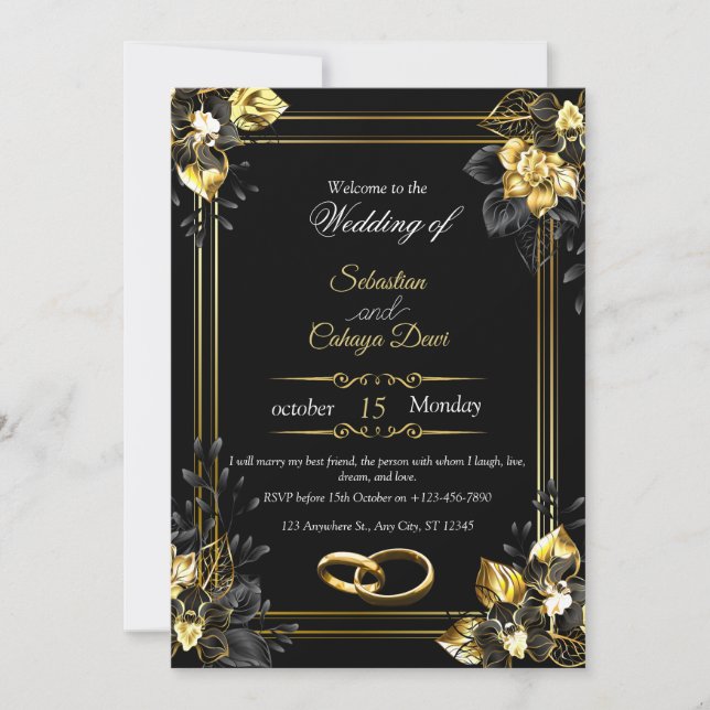 Convites Elegant black and gold summer wedding (Frente)