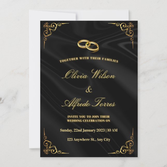 Convites Elegant Black and Gold Wedding Invitation (Frente)